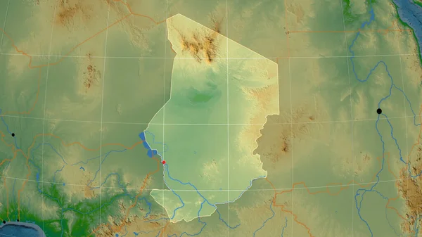 Chad Describió Mapa Ortográfico Físico Capital Fronteras Administrativas Graticule —  Fotos de Stock