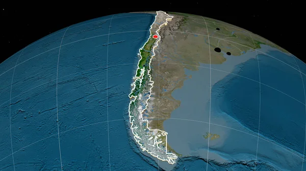 Chile extruded on the satellite orthographic map. Capital, administrative borders and graticule