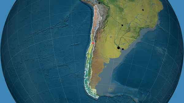 Chile outlined on the topographic orthographic map. Capital, administrative borders and graticule
