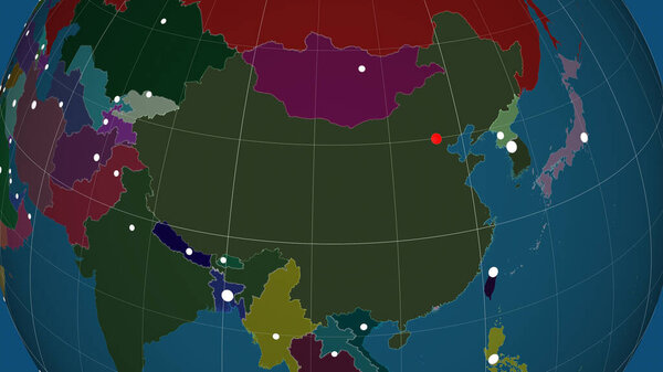 China outlined on the administrative orthographic map. Capital, administrative borders and graticule
