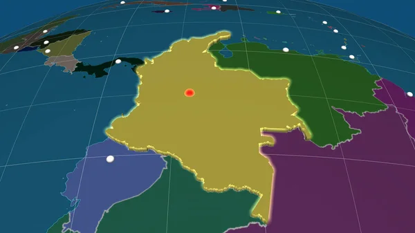 Kolumbia Bekerült Közigazgatási Ortografikus Térképre Tőke Közigazgatási Határok Térítésmentesen — Stock Fotó