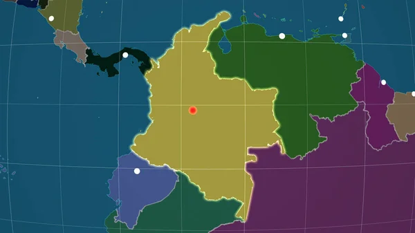 Colombia Delineato Sulla Mappa Ortografica Amministrativa Capitale Frontiere Amministrative Graticole — Foto Stock