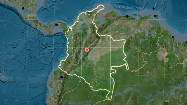 Colombia Delineato Sulla Mappa Ortografica Satellitare Capitale Frontiere Amministrative Graticole — Foto Stock