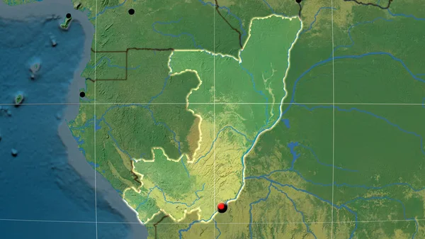 Republic Congo Outlined Topographic Orthographic Map Capital Administrative Borders Graticule — Stock Photo, Image