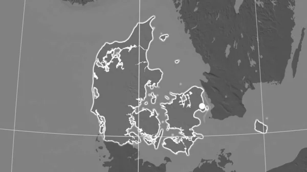 Denmark Outlined Bilevel Orthographic Map Capital Administrative Borders Graticule — Stock Photo, Image