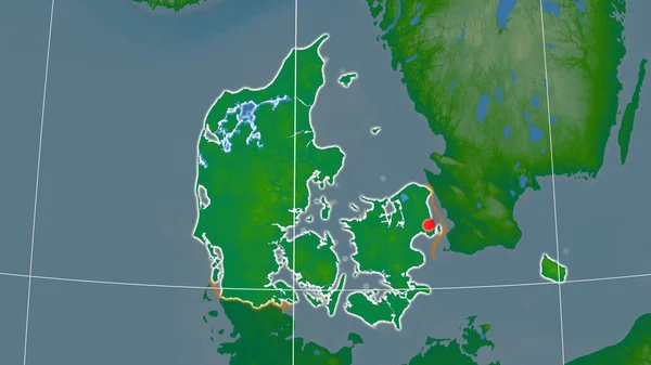 Denemarken Geschetst Fysieke Orthografische Kaart Kapitaal Administratieve Grenzen Graticule — Stockfoto