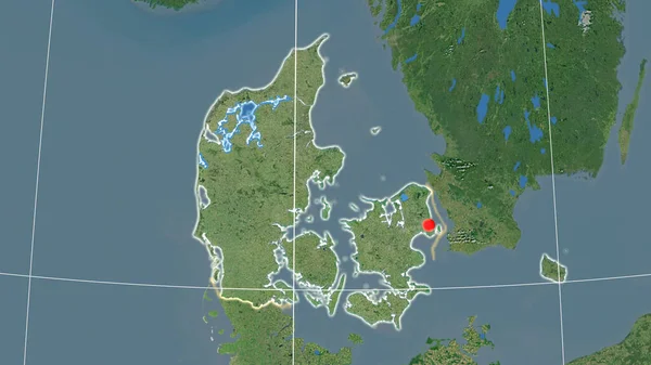 Dinamarca Describe Mapa Ortográfico Por Satélite Capital Fronteras Administrativas Graticule — Foto de Stock