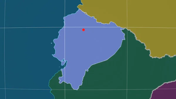 Ecuador outlined on the administrative orthographic map. Capital, administrative borders and graticule