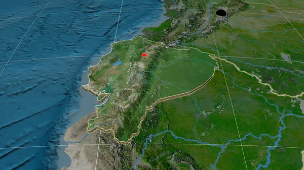 Ecuador extruded on the satellite orthographic map. Capital, administrative borders and graticule