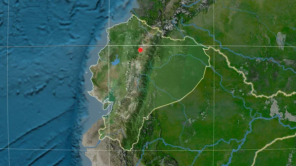 Ecuador outlined on the satellite orthographic map. Capital, administrative borders and graticule