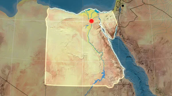 Egypt outlined on the topographic orthographic map. Capital, administrative borders and graticule