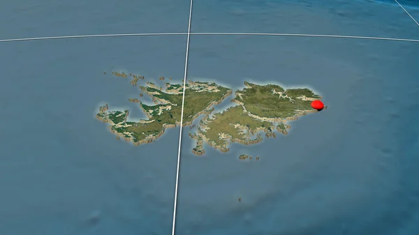 Islas Malvinas Extruidas Mapa Ortográfico Satelital Capital Fronteras Administrativas Graticule — Foto de Stock