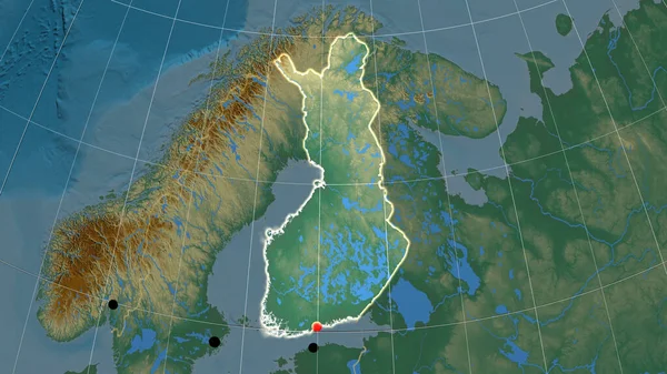 Finlandia Esbozó Mapa Ortográfico Relieve Capital Fronteras Administrativas Graticule — Foto de Stock