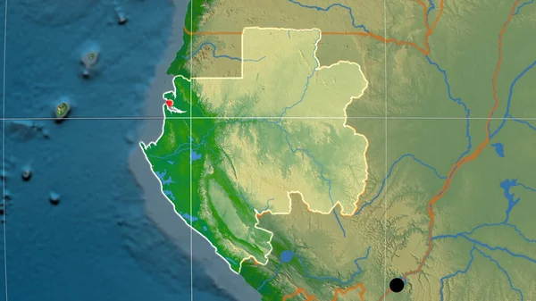 Gabon Delineato Sulla Mappa Ortografica Fisica Capitale Frontiere Amministrative Graticole — Foto Stock