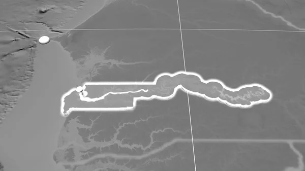 Gambia Extruded Grayscale Orthographic Map Capital Administrative Borders Graticule — Stock Photo, Image