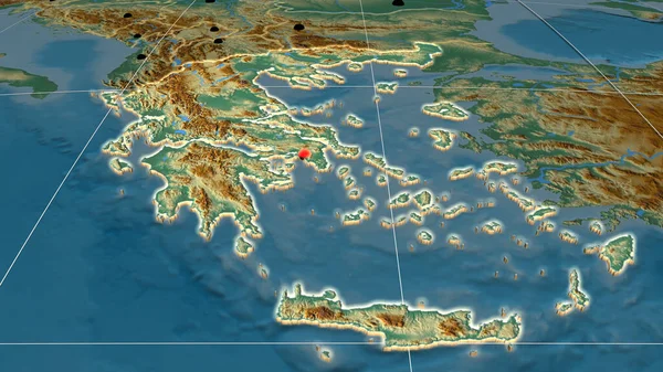 Grecia Extruido Mapa Ortográfico Relieve Capital Fronteras Administrativas Graticule —  Fotos de Stock