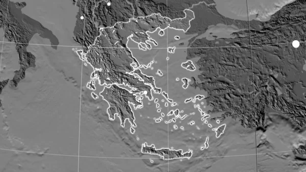 Griekenland Geschetst Bilevel Orthografische Kaart Kapitaal Administratieve Grenzen Graticule — Stockfoto