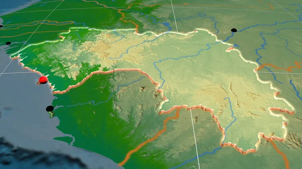 Gwinea Wytłoczona Fizycznej Mapie Ortograficznej Kapitał Granice Administracyjne Zaspokojenie Potrzeb — Zdjęcie stockowe