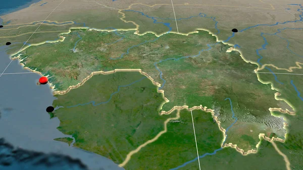 Gwinea Wytłaczana Satelitarnej Mapie Ortograficznej Kapitał Granice Administracyjne Zaspokojenie Potrzeb — Zdjęcie stockowe