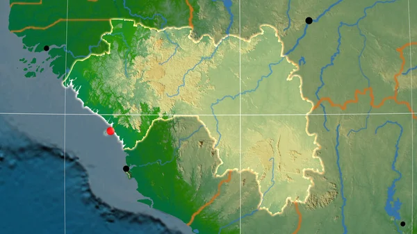 Guinea Describe Mapa Ortográfico Físico Capital Fronteras Administrativas Graticule —  Fotos de Stock