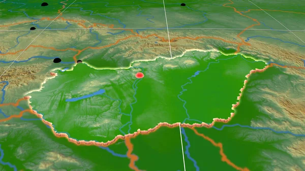 Hungary extruded on the physical orthographic map. Capital, administrative borders and graticule