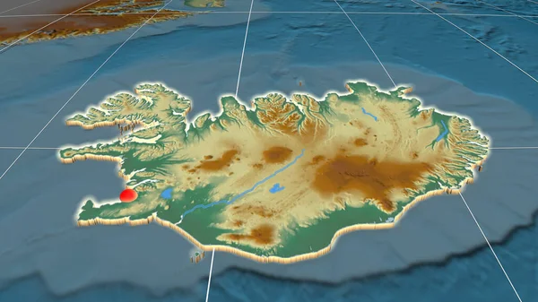 Islandia Extruido Mapa Ortográfico Relieve Capital Fronteras Administrativas Graticule —  Fotos de Stock