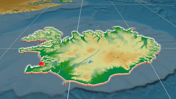 Islandia Extruido Mapa Ortográfico Físico Capital Fronteras Administrativas Graticule —  Fotos de Stock