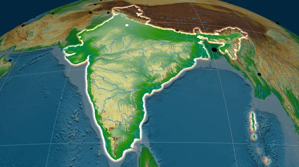 India Extruido Mapa Ortográfico Físico Capital Fronteras Administrativas Graticule —  Fotos de Stock