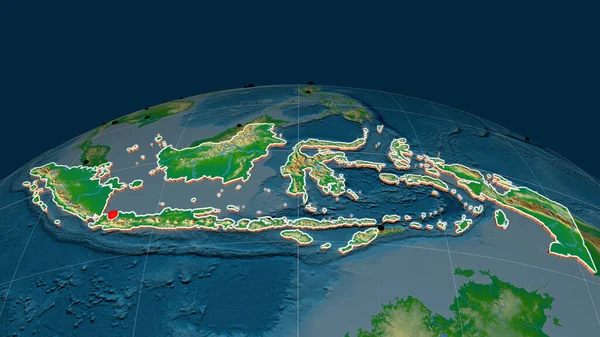 Indonesia Extruido Mapa Ortográfico Físico Capital Fronteras Administrativas Graticule —  Fotos de Stock