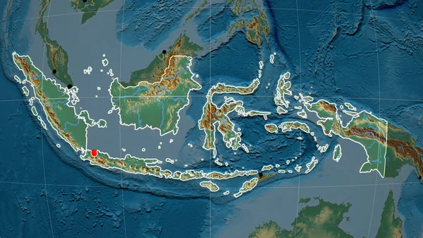 Indonesia Esbozó Mapa Ortográfico Relieve Capital Fronteras Administrativas Graticule —  Fotos de Stock