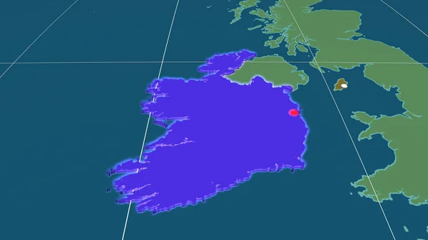 Ireland extruded on the administrative orthographic map. Capital, administrative borders and graticule