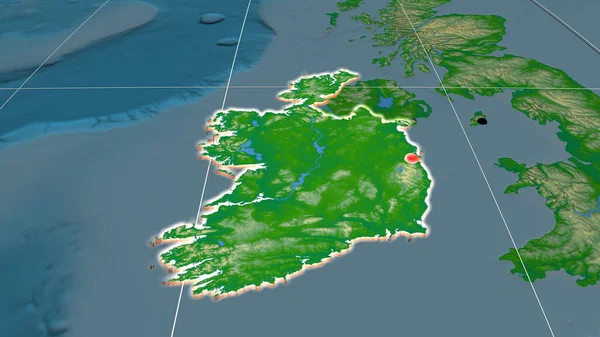 Ireland extruded on the physical orthographic map. Capital, administrative borders and graticule