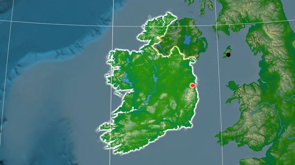 Ireland Outlined Physical Orthographic Map Capital Administrative Borders Graticule — Stock Photo, Image