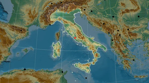 Italië Geschetst Reliëf Orthografische Kaart Kapitaal Administratieve Grenzen Graticule — Stockfoto