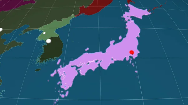 Japón Extruido Mapa Ortográfico Administrativo Capital Fronteras Administrativas Graticule — Foto de Stock