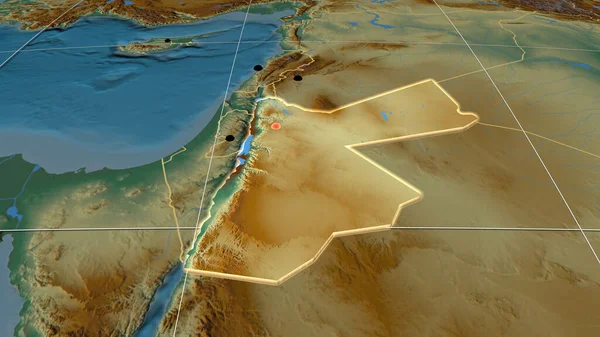 Jordan Extruido Mapa Ortográfico Relieve Capital Fronteras Administrativas Graticule —  Fotos de Stock