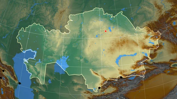 Kazakhstan outlined on the relief orthographic map. Capital, administrative borders and graticule