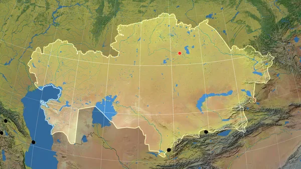 Kazakhstan outlined on the topographic orthographic map. Capital, administrative borders and graticule