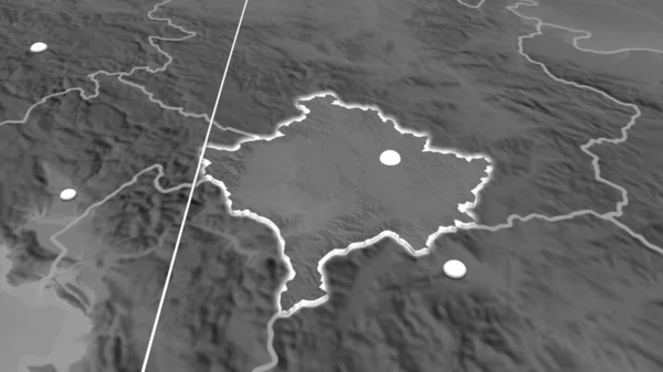 Kosovo Extrudierte Auf Der Orthographischen Graustufen Landkarte Kapital Verwaltungsgrenzen Und — Stockfoto
