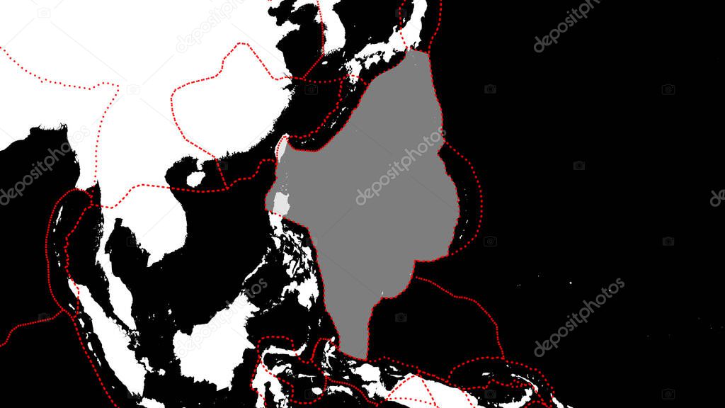 Shape of the Philippine Sea tectonic plate with borders of surrounding plates against the backdrop of a white mask of continents and islands. 3D rendering