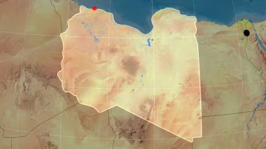 Libya topoğrafik ortografik haritada özetlendi. Sermaye, idari sınırlar ve memnuniyet
