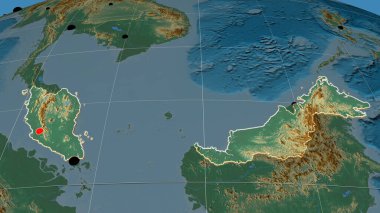 Malezya rahatlama ortografik haritasında yer aldı. Sermaye, idari sınırlar ve memnuniyet