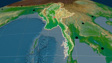 Myanmar fiziksel ortografik haritada çıktı. Sermaye, idari sınırlar ve memnuniyet