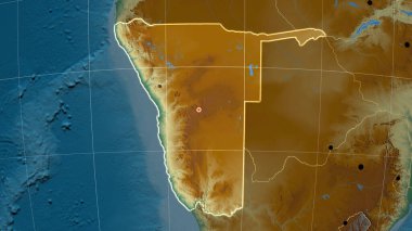 Namibya ortografik haritada ana hatlarıyla belirtilmiş. Sermaye, idari sınırlar ve memnuniyet