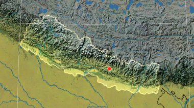 Nepal topografik ortografik haritada özetlenmiştir. Sermaye, idari sınırlar ve memnuniyet