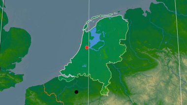 Hollanda fiziksel ortografik haritada özetlenmiştir. Sermaye, idari sınırlar ve memnuniyet