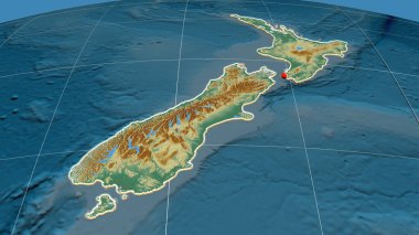 Yeni Zelanda, yardım ortografik haritasında yer aldı. Sermaye, idari sınırlar ve memnuniyet