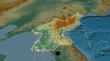 Kuzey Kore, yardım ortografik haritasında yer aldı. Sermaye, idari sınırlar ve memnuniyet