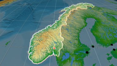Norveç, fiziksel ortografik haritada yer aldı. Sermaye, idari sınırlar ve memnuniyet