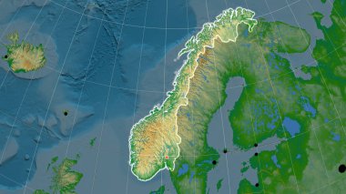 Norveç, fiziksel ortografik haritada özetlenmiştir. Sermaye, idari sınırlar ve memnuniyet